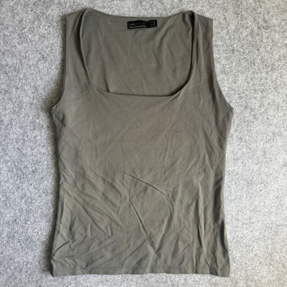 Zara Basics Square Neck Tank Top Womens Size M Olive Green Sleeveless Stretch